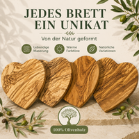 Herzform-Holzbrett – Hochzeitsgeschenk personalisiert aus Olivenholz