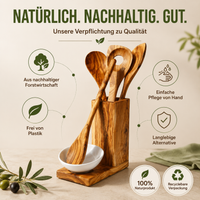 5-teiliges Küchenset aus Olivenholz – Hochwertige Kochlöffel mit Keramikschale, langlebig, nachhaltig & personalisierbar