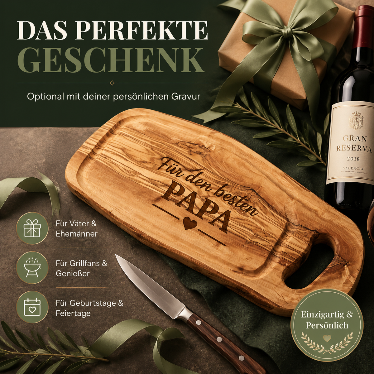 Personalisiertes Steakbrett aus Olivenholz mit Saftrille und Griff – rustikales Holzbrett mit Gravur