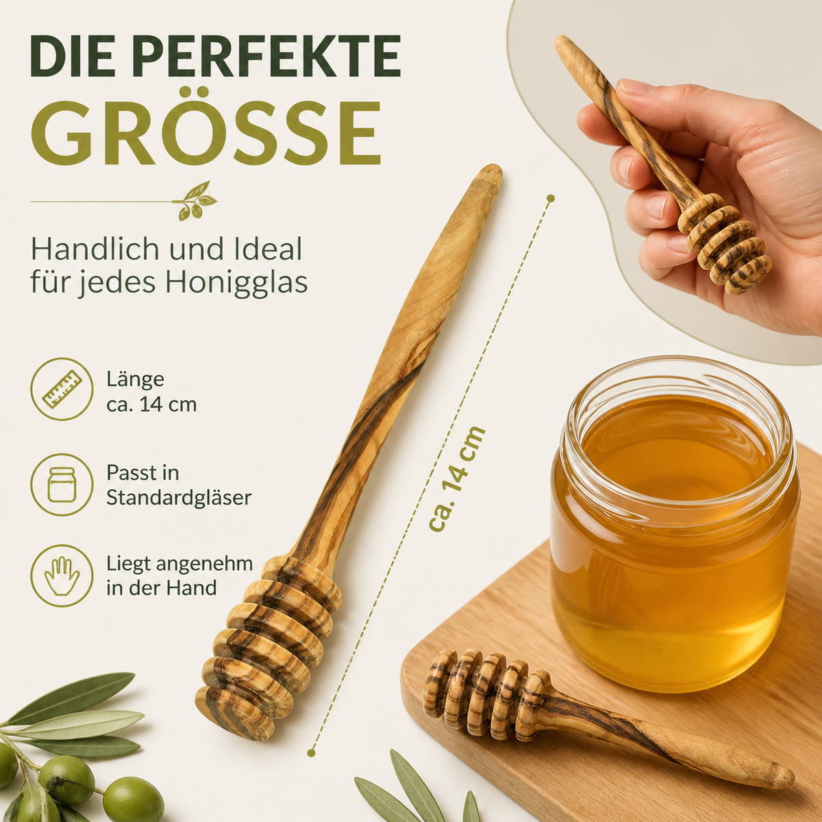 Personalisierbarer Honigheber 14 cm aus Olivenholz – Hochwertiger Honiglöffel für präzises Portionieren