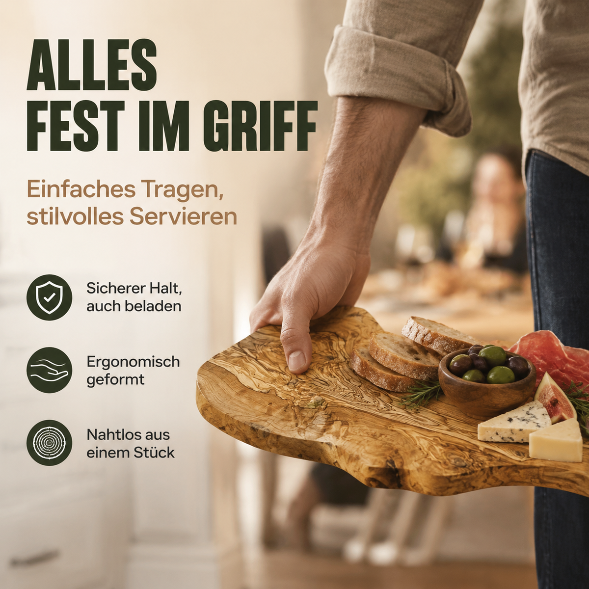 Personalisiertes Servierbrett aus Olivenholz mit Griff & rustikalem Rand