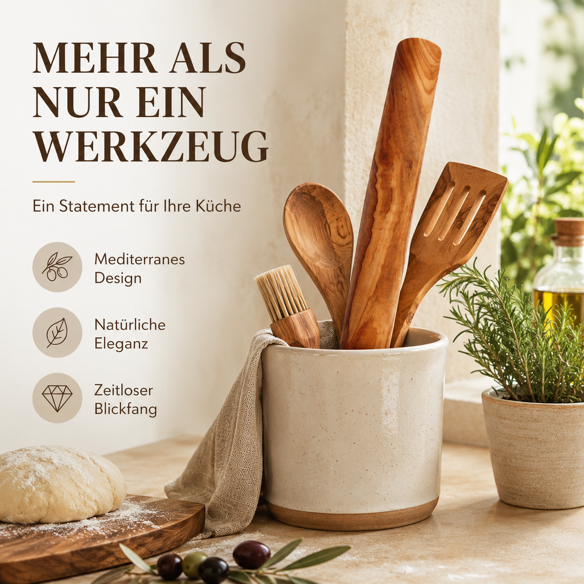 Olivenholz Teigroller „Design“ – edles Nudelholz handgefertigt