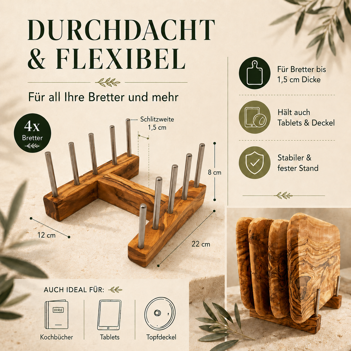 Schneidebretthalter aus Olivenholz für 4 Bretter | Praktischer Brettständer