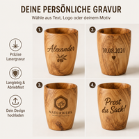Trinkbecher aus Olivenholz personalisiert – Holzbecher mit Gravur als Geschenk
