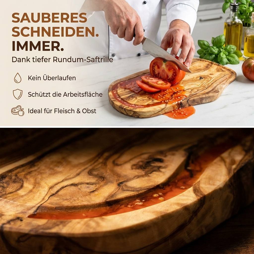Personalisiertes Schneidebrett mit Saftrille – Rustikales Tranchierbrett aus Olivenholz