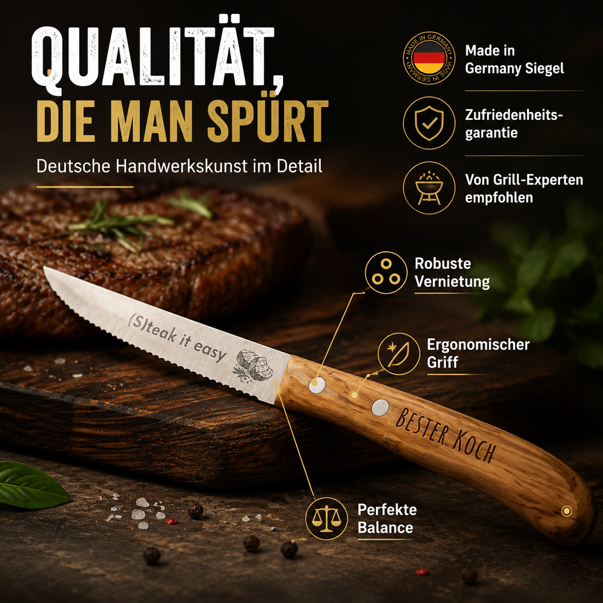 Steakmesser mit Olivenholzgriff – Personalisiert mit Gravur
